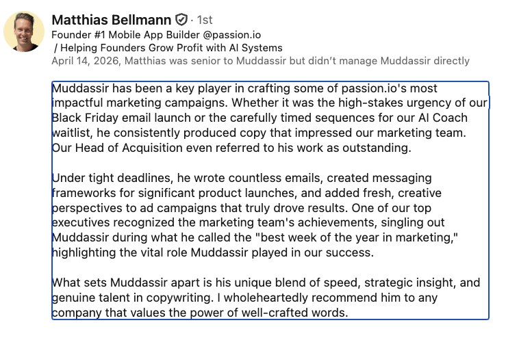 LinkedIn recommendation from Matthias Bellmann, Passion.io founder