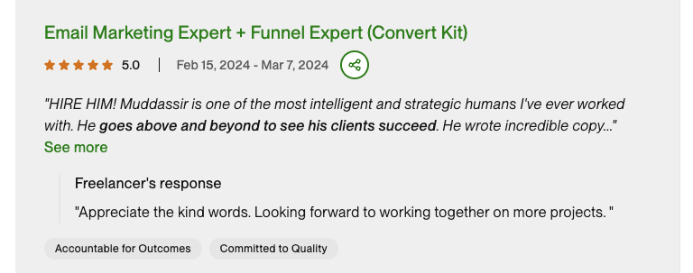 Upwork review: ConvertKit / Kit email engagement
