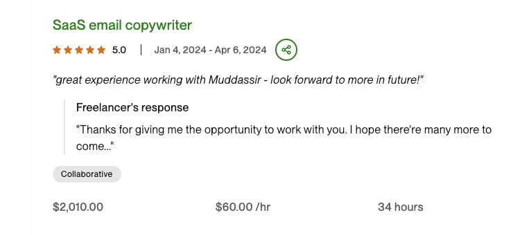Upwork review: SaaS email copywriter engagement