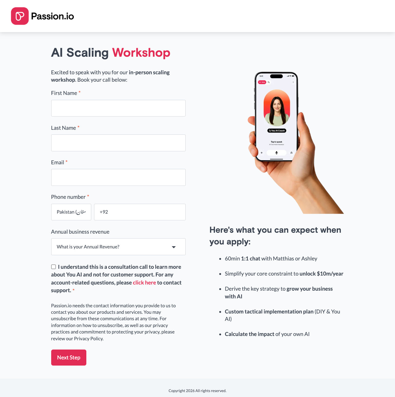 Scaling Workshop signup page on Passion.io for the You Ai launch