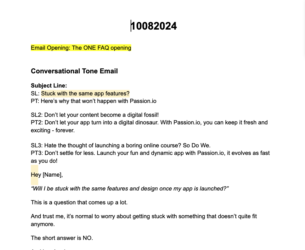 FAQ-format nurture email written at Passion.io