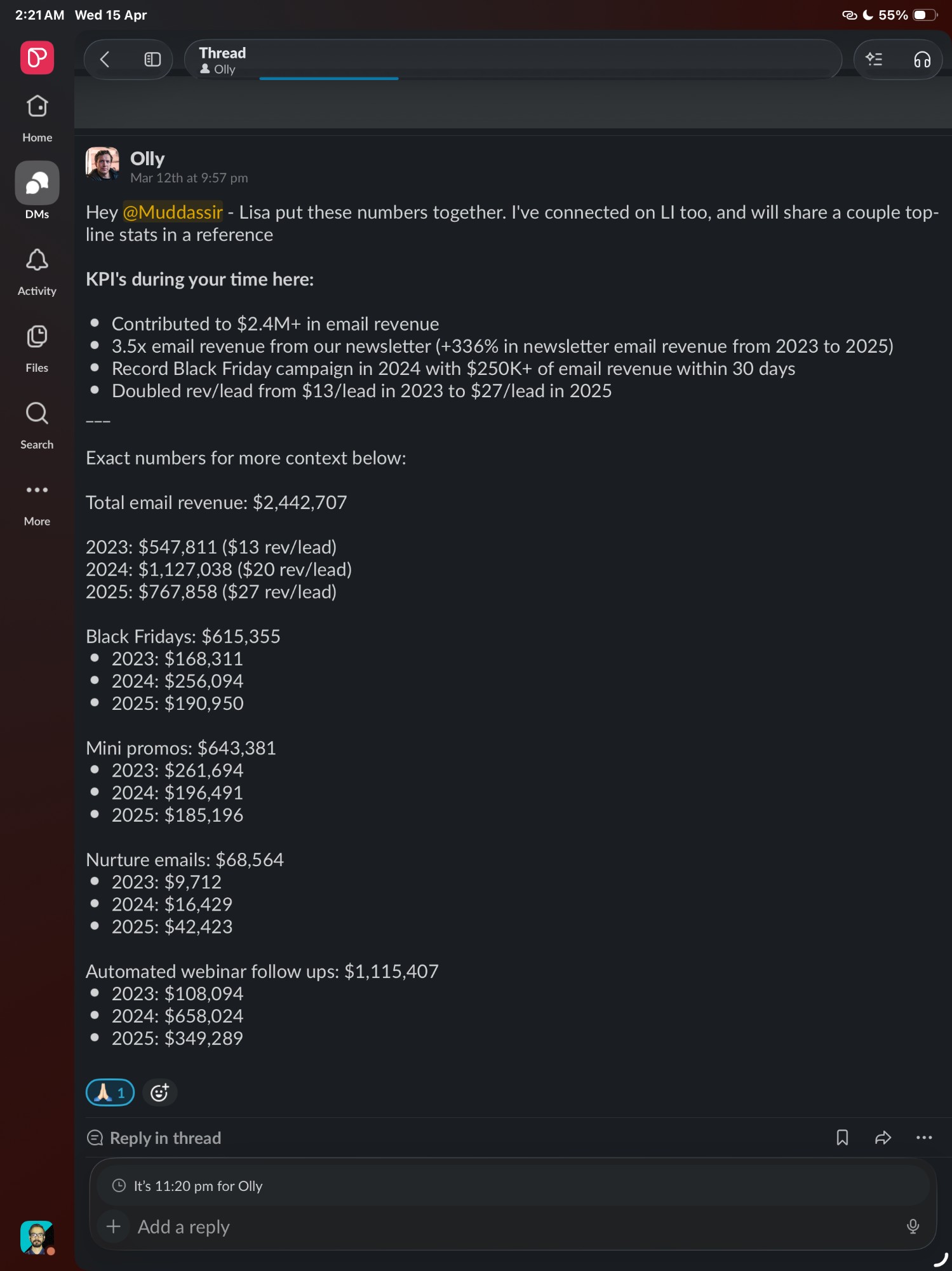 Slack message from team lead sharing the KPI breakdown